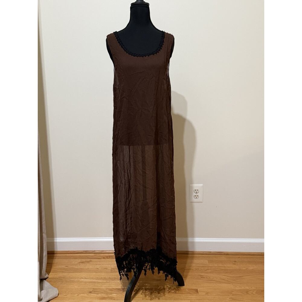 Brown sheer dress with black lace details. One size. Simple, romantic & chic